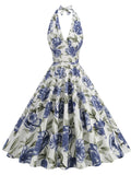 KYLETHOMASW  -  New Sexy Floral Print 1950 60s Party Vintage Women High Waist Dresses Halter Neck Evening Wear Hepburn Summer Cotton Dress