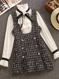 KIylethomasw Autumn Winter 2 Piece Set Overalls Dress Women Elegant Ruffles Chiffon Bow Shirt Top+Double Breasted Plaid Tweed Vest Dress