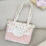 KYLETHOMASW  -  Kawaii Floral Bear Quilted Tote Bag Plaid Splicing Lace Decor Shoulder Bag Cartoon Large Capacity Women Casual School Handbag