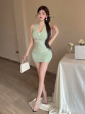 KYLETHOMASW  -  Sexy Halter Patchwork Lace Mini Dress Women 2025 Summer Sleeveless High Waist Folds Slim Fit Hip Evening Party Dresses