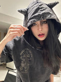Kylethomasw Black Hooded Women T-shirts Hip Hop Streetwear Harajuku Female Graphic Tees Goth Short Sleeve Tops High Street Clothing