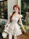 KYLETHOMASW  -  2025 Girl Dress Sweet Floral Square Neck Bow Women Korean Version Slimming Style Spliced Fluffy Cute Sweet Dresses