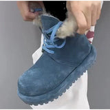 KYLETHOMASW  -  Women Blue Platform Snow Boots Faux Suede Curly Fur Lined Winter Lace Up Ankle Boots Thick Sole Warm Non Slip Fashion Boots