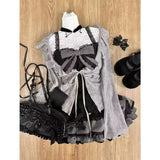 KYLETHOMASW  -  Lolita Up Ruffles Cardigan Y2k Slim Fit Strapless Vest Tops High Waist Ruched Skirts Early Autumn 3 Piece Sets Gothic Skirt Sets