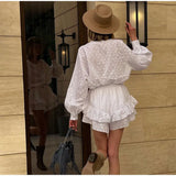 Kylethomasw  Long Sleeved Shirt Shorts Sets Women Summer Stand Collar Single Breasted White Blouse Suits Casual Vacation 2 Pieces Set Outfit