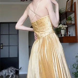 KYLETHOMASW  -  Golden Velvet Camisole Dress Women Spring Autumn Elegant Pleat Long Party Dress Luxury Diamond Vestidos Fashion 848P