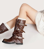 KYLETHOMASW  -  Vintage Soft Leather Belt Strap Buckle Mid-Calf Women Motorcycle Boots Fashion Thick High heels Autumn Winter Knight Booties