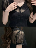 KYLETHOMASW  -  Summer French Elegant Lace Doll Collar Puff Sleeve Sheer Polka Dot Mesh Hollowout Slim Fit Two Piece Dress Women Daily Party