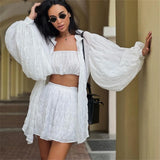Kylethomasw Women White 3 Piece Sets Summer Casual Lantern Long Sleeve Cardigan Tops Shorts Suits Lady Spring Soft Three Piece Outfit