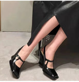 KYLETHOMASW  -  Fashion Black Patent Leather Mary Janes Slingbacks Women Pumps Spring Summer Wave Toe Chunky High Heels Office Lady Daily Shoes