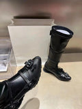 KYLETHOMASW  -  Flower Bow Tie Tied Long Boots with Thick Sole for Slimming Effect, Tall Tube Boots, Street Motorcycle Style Boots