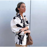 KYLETHOMASW  -  Elegant Flower Printed Women's Lace Up Shirt Chic Lapel V Neck Long Puff Sleeves Coat New Spring Lady Fashion Streetwear Shirts