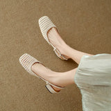 KYLETHOMASW  -  Woven Square-toed High-heeled Sandals Summer Fashionable Skeletonized Leather Fabric Mid-heel Shoes Zapatillas De Mujer