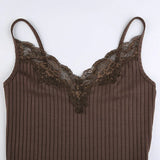 KYLETHOMASW  -  Lace lace patchwork groove strip deep V-neck small suspender new women's revealing navel sexy slim fit vest