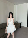KYLETHOMASW  -  Fairycore Halter Sleeveless Party Dress Summer Sexy High Waist Backless Slim Fit  A-line Mini Dresses Gentle Fashionドレス