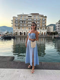 KYLETHOMASW  -  Sexy Spaghetti Straps Corset Style A-line Midi Dresses Women Fashion Hem Slit Blue Summer Dress Night Out Vestidos
