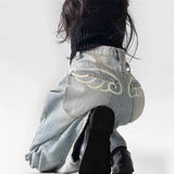 KYLETHOMASW  -  Wing Print Pattern Women's Denim Pants Vintage Style  Denim Pants High Elastic Spice Girls Trousers Casual Style Pants