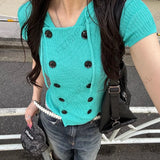 KYLETHOMASW  -  New Autumn Women's Knit Cardigan Korean Style Trendy Y2K Aesthetic Mint Green Hoodie Harajuku Retro Double-Breasted Sweater