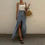 Kylethomasw  Autumn Vintage Loose Chic Skirts Women Elegant High Waist Office Lady Long Skirt Fashion Blue Denim Skirt Female Clothing