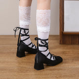 KYLETHOMASW  -  New Women's Coarse Heels Pink Cross Tie High Heels girl Ballet Shoes Elegant Silk Lolita Single Shoes