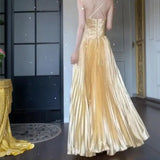 KYLETHOMASW  -  Golden Velvet Camisole Dress Women Spring Autumn Elegant Pleat Long Party Dress Luxury Diamond Vestidos Fashion 848P