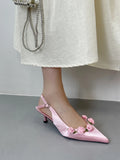 KYLETHOMASW  -  Pink High Heels Sexy Pointed Toe Slingback Shoes Summer Small Flower Low Heel Office Shoes Black Pumps White Talons Femme