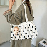 KYLETHOMASW  -  Polka Dot Canvas Tote Bag Pleated Drawstring Design Large Capacity Women Shoulder Bag Casual Daily Shopping Travel Handbag