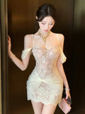 KYLETHOMASW  -  Fashion Hotsweet Women Lace Evening Gown Sexy Off-Shoulder Slim Mini Short Dress Party Birthday Vestido Holiday Vacation Clothes