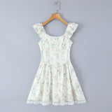 KYLETHOMASW  -  French Style Floral Print Mini Summer Dress Women Flying Sleeves V Neck Lace Spliced A-line Dresses Party Robe Vestidos