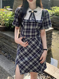 KYLETHOMASW  -  Fashion New Women Elegant Plaid Preppy Style Dress Vintage Chic Slim Party Birthday Clothes Spring Summer Female Vestidos