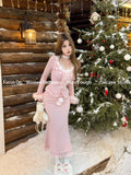 KYLETHOMASW  -  Korean Sweet Sexy Slim 2 Piece Skirt Suits Female Fairy Bodycon Faux Fur T Shirt＋High Waist Lace Tight Skirt Autumn Skirt Sets