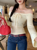 KYLETHOMASW  -  Korean Solid Chic Slash Neck Long Sleeve Bow Slim Thin Elegant Knitted Pullovers