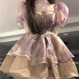 KYLETHOMASW  -  French Puff Sleeve Summer Lolita New Patchwork Square Collar Contrast Color Lace Slim Elegant Casual Princess Party Dresses