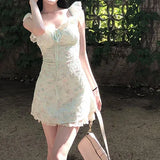 KYLETHOMASW  -  French Sweet Mint Green Floral Dress for Women Summer New Style Stunning Small Flying Sleeves Lace Waist Skirt