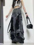 Kylethomasw Black Ripped Jeans for Women Hip Hop Y2k Vintage Baggy Hole Do Old Wide Leg Cargo Denim Pants Streetwear Casual Bottoms