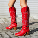 Kylethomasw   -  Western Cowboy Knee High Boots Women Pointed Toe Thick High Heeled Embroider Autumn Winter Red Long Booties Trendy Shoes Woman