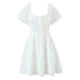 KYLETHOMASW  -  Pretty Girl Holiday Summer Dresses Women O Neck Short Sleeve A-line Mini Hollow Out Embroidery White  Dress Backless Robe