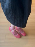 KYLETHOMASW  -  Cowhide Version Pink Single Shoe Women's Square Head Shallow Mouth Design Sense Cross Strap Ballet Shoes Low Heel Mary Jane Shoe