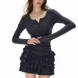 KYLETHOMASW  -  Japan Fashion Solid Retro Slim Dress Women Long Sleeve Flounce Y2k Party Dresses New Fake 2-piece Patchwork Sweet Chic Clothes