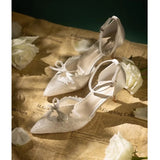 KYLETHOMASW  -  Spring and summer new pointed hollow lace bow low-heeled wedding shoes thin high-heeled banquet dress small size women's sandals