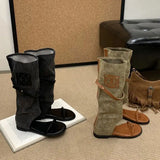 KYLETHOMASW  -  Black Flat Sandals Summer Boots For Woman Thong Low Heels Wedges Shoes Fashion Flats Knee High Boots Sandalen Damen