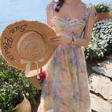 KYLETHOMASW  -  Women's Summer Long Princess Dress Butterfly Strap High Waist Oil Painting Floral Fairycore A-line Midi Sundress Female