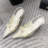 KYLETHOMASW  -  High Quality Satin Bow Pumps Women Sexy Pointed Toe Thin Heeled Backless Dress Shoes Fashion Brand Designer Shallow Mouth Sandal