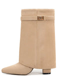 KYLETHOMASW  -  New Autumn and Winter New Pointed Metal Buckle Knee High Women's Boots, Thick High-heeled Pants Boots, Fashionable Mid Leg Boots