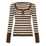 KYLETHOMASW  -  Sweet Slim Casual U Neck Long Sleeve Striped Contrast Color Pullover Knitted Pullovers