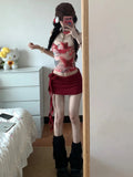 KYLETHOMASW  -  Women Y2K Two Piece Set Butterfly Print Tube Top and Knitted Side Tie Mini Skirt Slim Fit Suit Sexy Club Summer Street Outfit