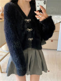 KYLETHOMASW  -   Bow Outwear Women Coats Soft Winter Faux Mink Hair  Chic Elegant Office Lady Warm Streetwear Slim Sweaters