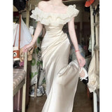 KYLETHOMASW  -  Spring New Elegant Ruffle Off Shoulder Dress French  Style Vintage Party Bodycon Banquet Dress Summer Sweet Long Dresses
