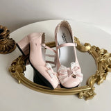 KYLETHOMASW  -  Sweet Lolita Butterfly-knot Women Mary Jane Shoes Concise Mid Heel Patent Leather Dress Shoes Cosplay Party Daily Wear Pumps