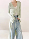 KYLETHOMASW  -  Spring Elegant Green V-Neck Long Knit Cardigan Women's Flared Sleeve Lace-Up Sweater Coat OL Crochet Hollow Out Outerwears 208A